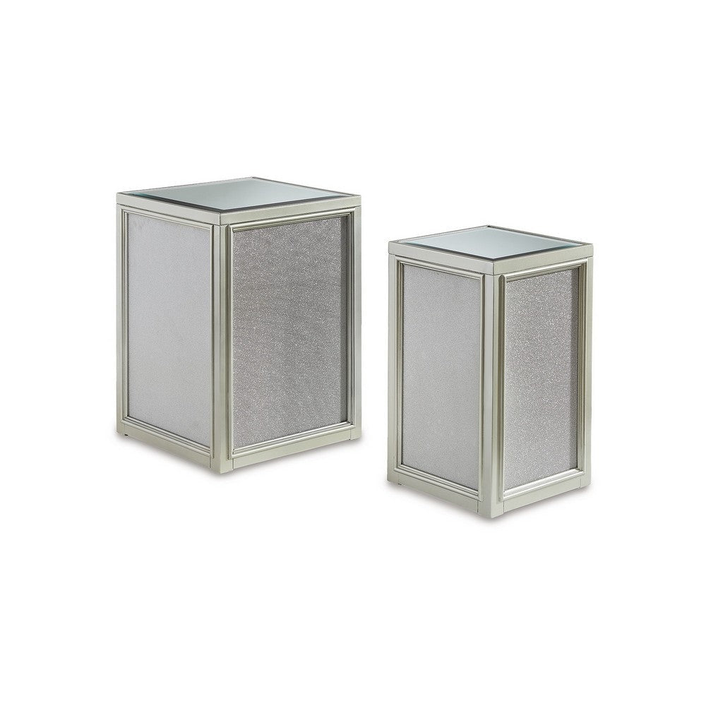 Brad Set of 2 Nesting Side End Tables, Mirrored Glass, Silver Wood Finish By Casagear Home