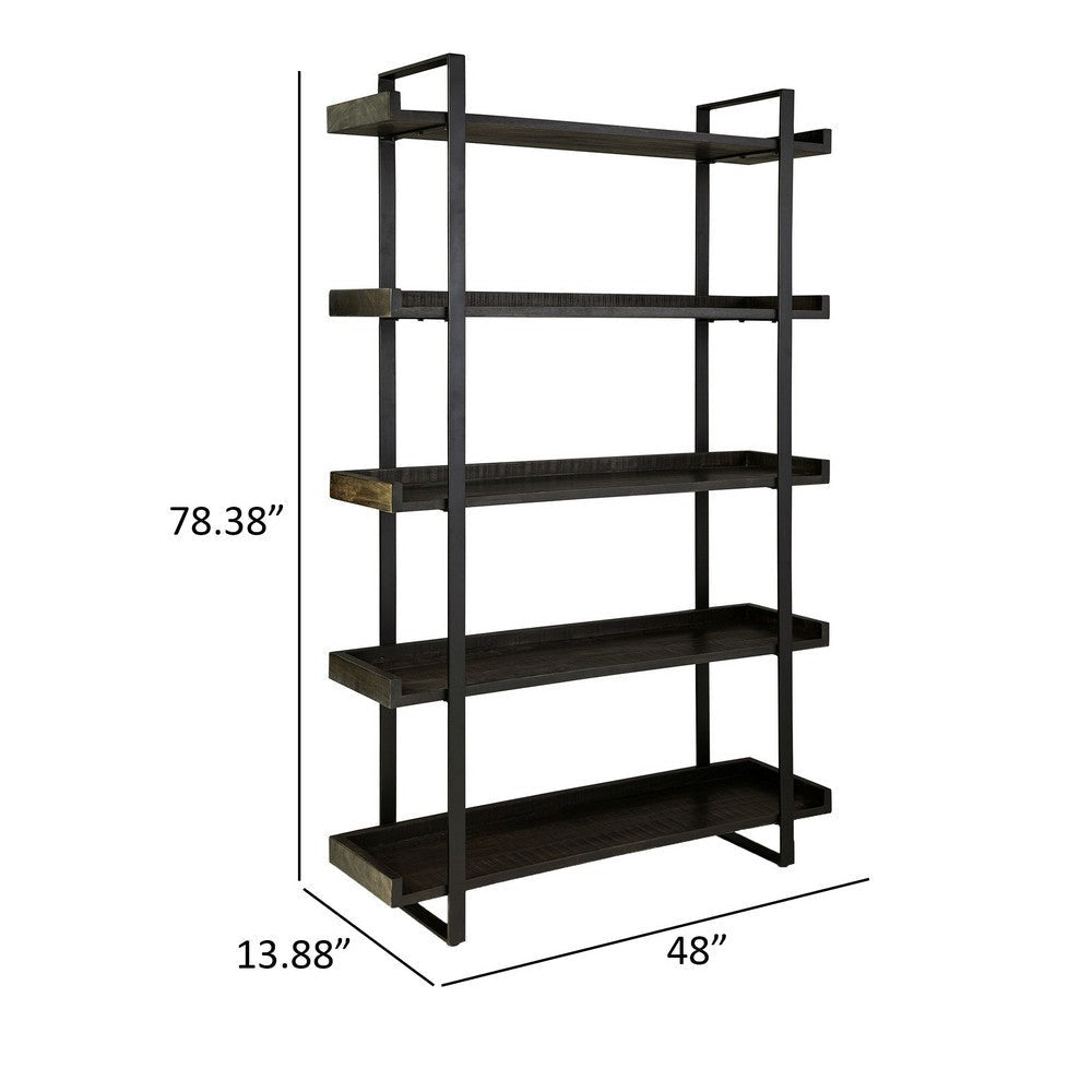 Franz 78 Inch Bookcase 5 Display Shelves Black Metal Bracket Brown Wood By Casagear Home BM312482