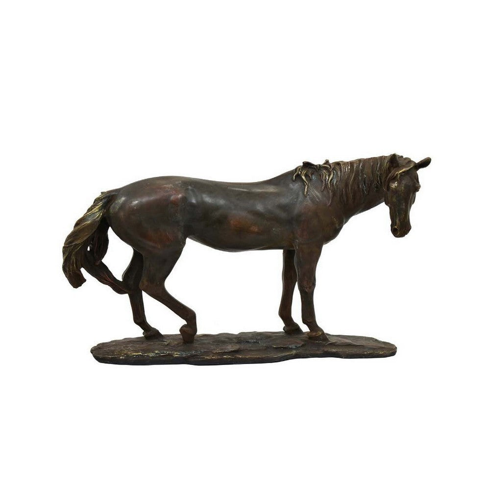 Refi 16 Inch Horse Statuette Figurine, Modern Style, Gold, Dark Brown Resin By Casagear Home