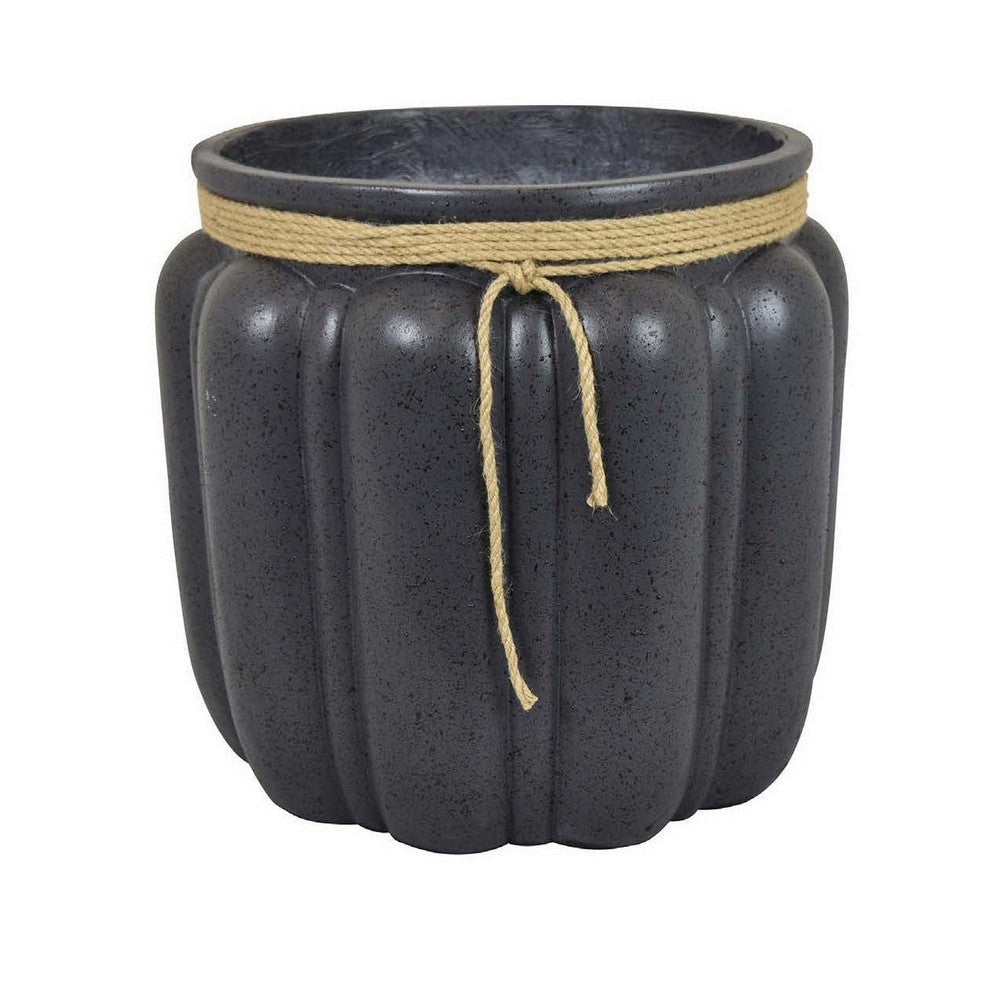 Rave 17 Inch Planter, Pumpkin Like Shape and Rope Details, Black Resin By Casagear Home