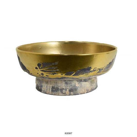 16 Inch Decorative Bowl, Distressed Gold Finish, Modern Aesthetic, Ceramic By Casagear Home