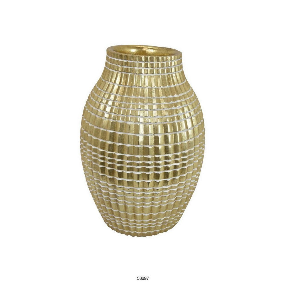 16 Inch Flower Vase, Long Curved Shape, Elegant Gold Textured Resin Finish By Casagear Home