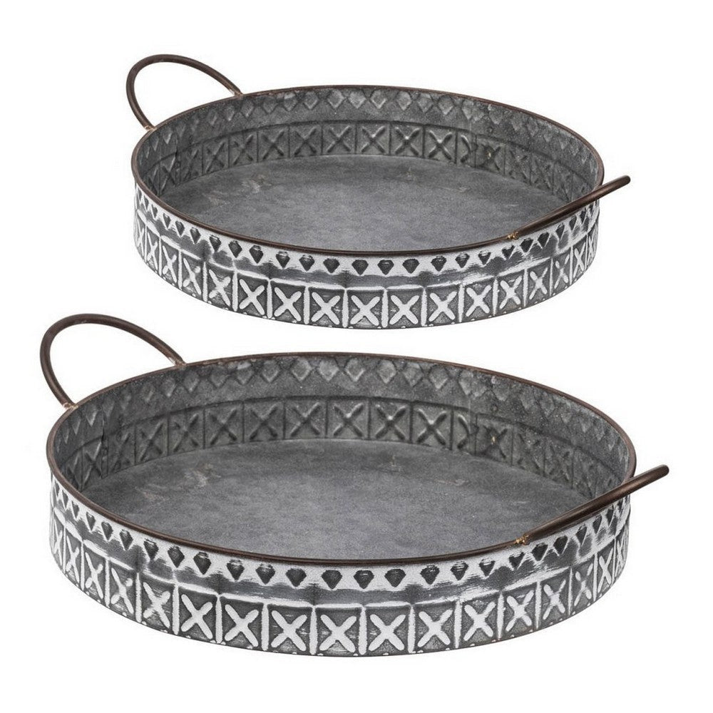 18, 20 Inch Set of 2 Round Serving Trays with Handles, Galvanized Gray Iron By Casagear Home