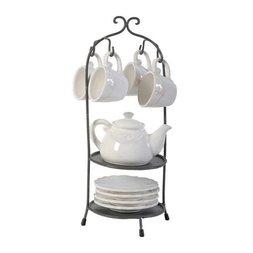 Zoya 10 Piece Tea Kettle and Cups Set with Metal Stand White Porcelain By Casagear Home BM312619