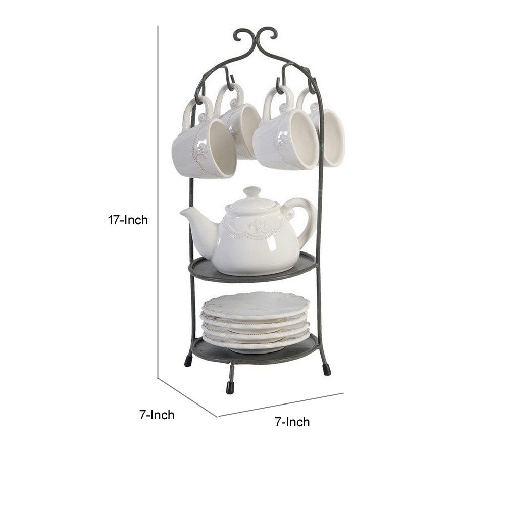 Zoya 10 Piece Tea Kettle and Cups Set with Metal Stand White Porcelain By Casagear Home BM312619