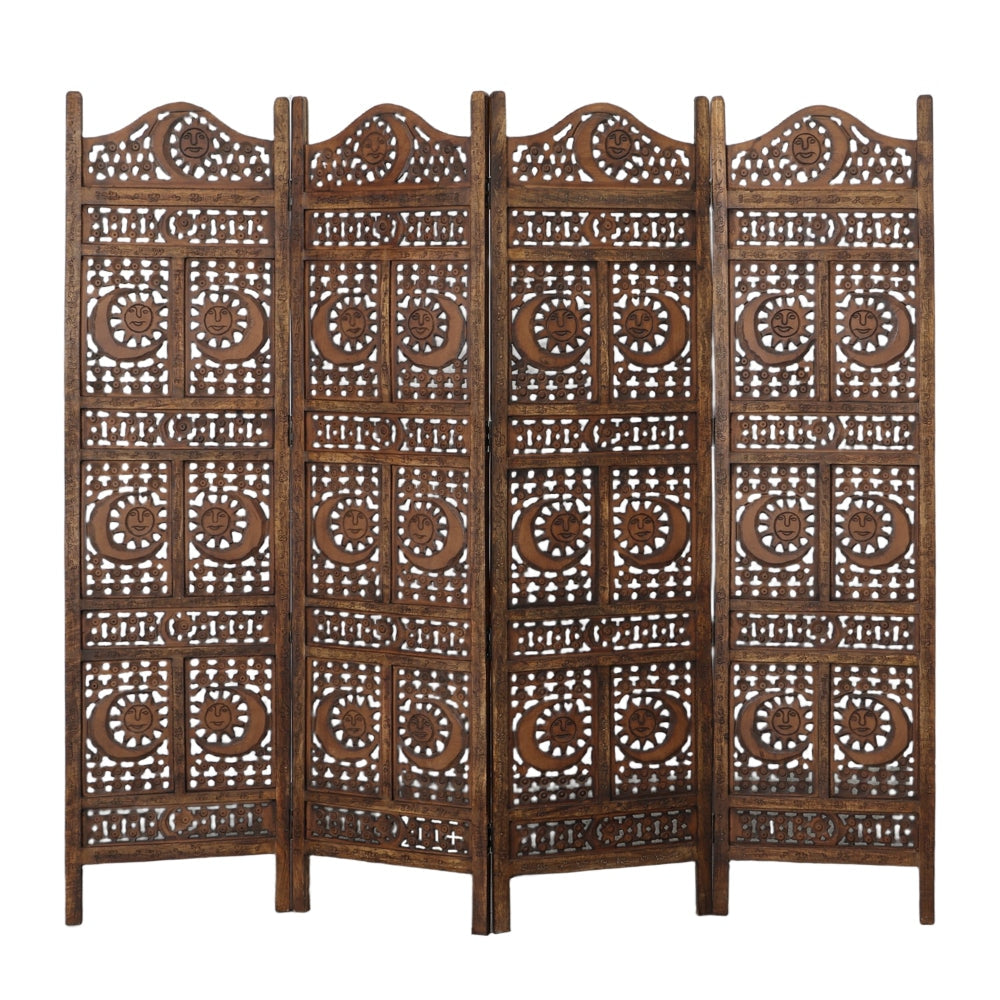 71 4-Panel Hand Carved Sun and Mood Room Divider Screen Brown By Benzara nau-sh15811