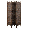 71 4-Panel Hand Carved Sun and Mood Room Divider Screen Brown By Benzara nau-sh15811