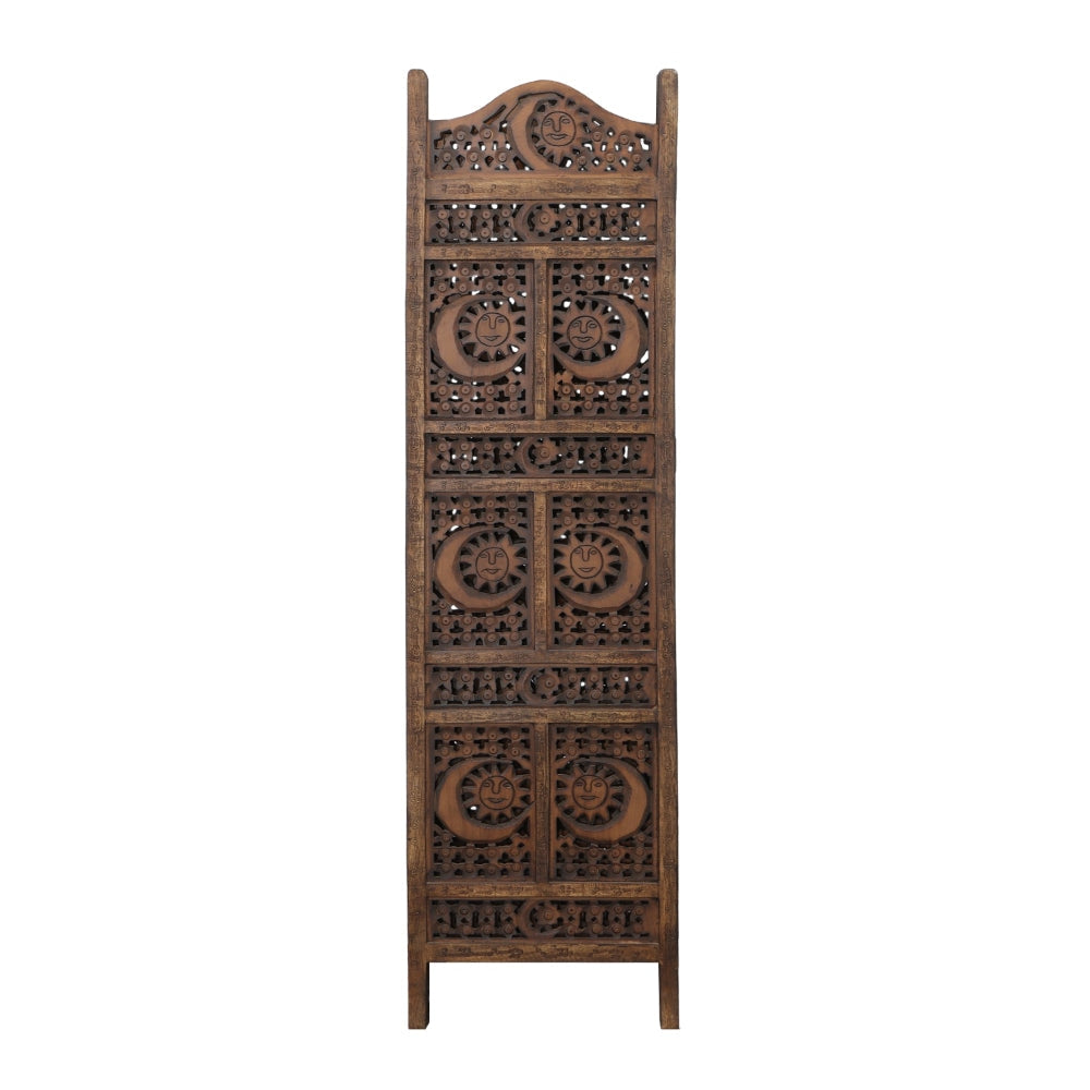 71 4-Panel Hand Carved Sun and Mood Room Divider Screen Brown By Benzara nau-sh15811