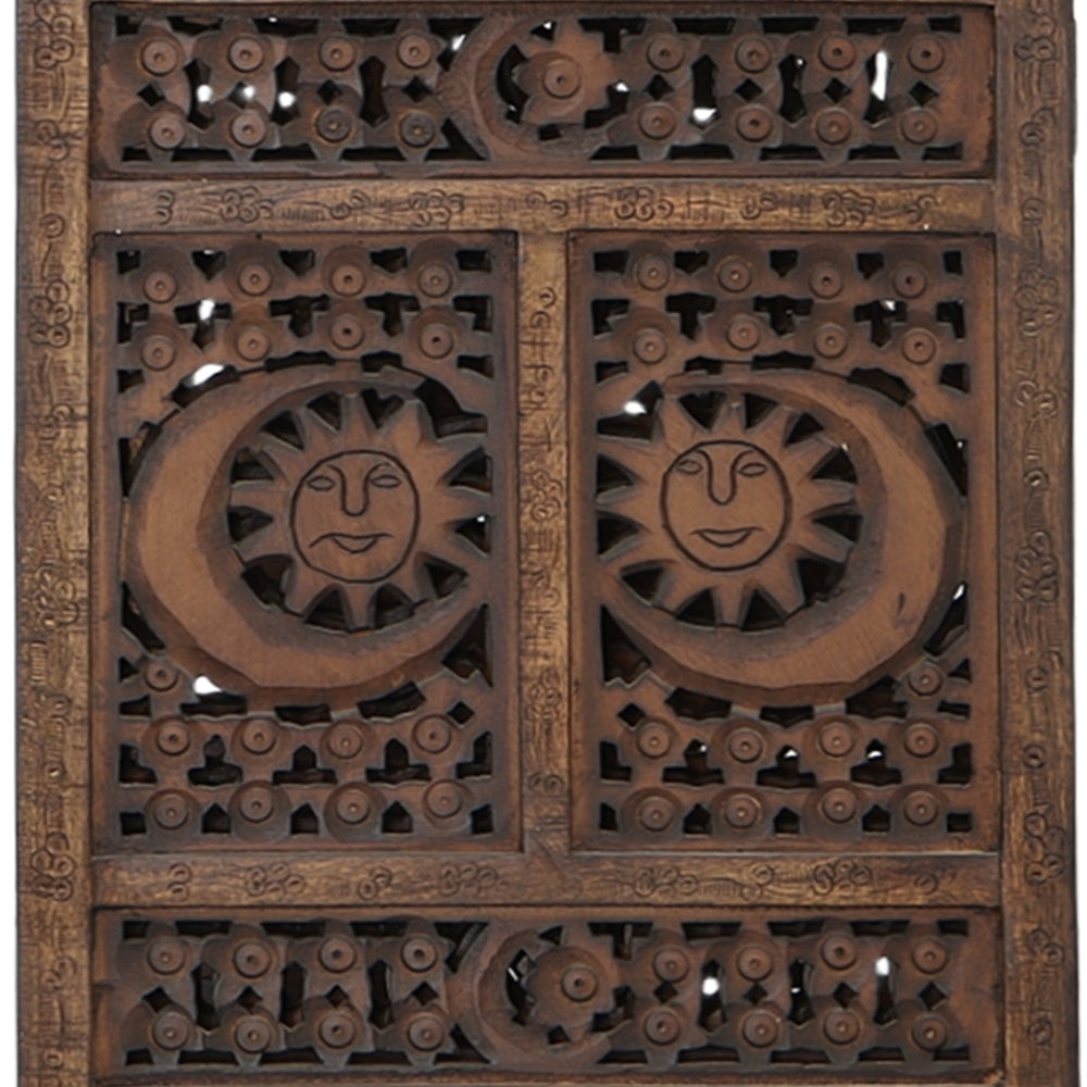 71 4-Panel Hand Carved Sun and Mood Room Divider Screen Brown By Benzara nau-sh15811