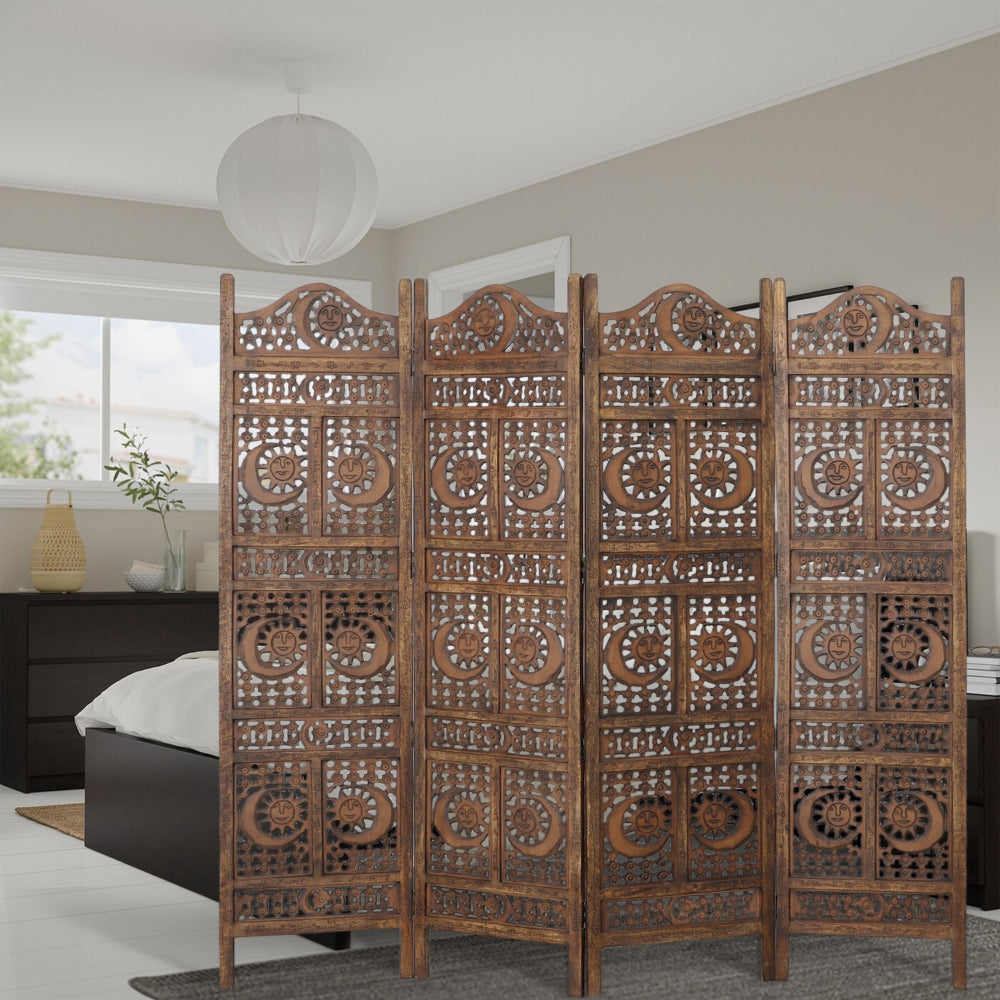 71 4-Panel Hand Carved Sun and Mood Room Divider Screen Brown By Benzara nau-sh15811