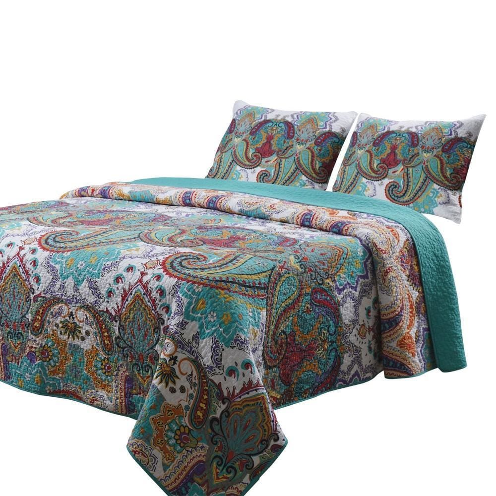 3 Piece Queen Size Cotton Quilt Set with Paisley Print Teal Blue By Casagear Home BM42334