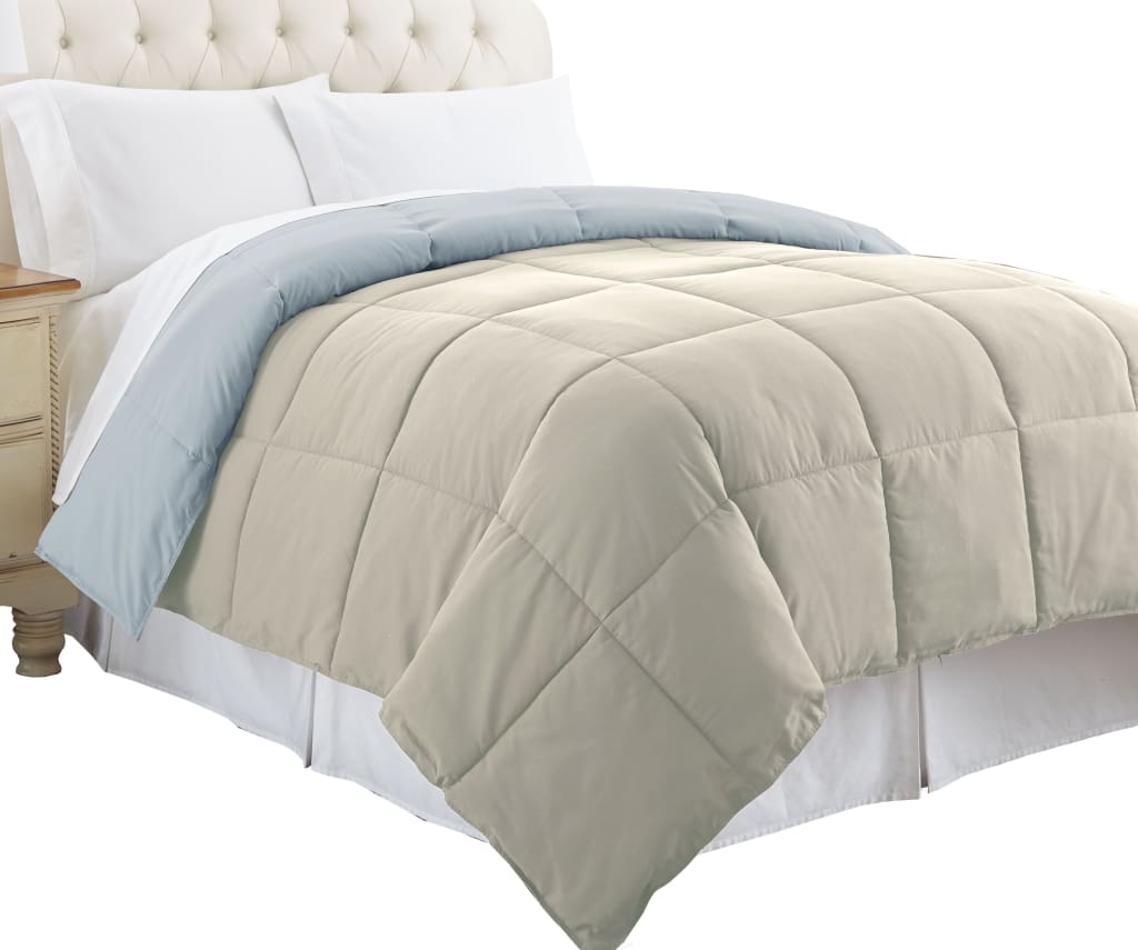 Genoa Queen Size Box Quilted Reversible Comforter By Casagear Home, Gray and Blue