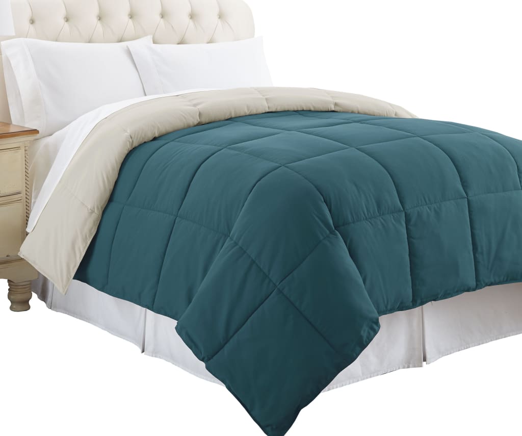 Genoa King Size Box Quilted Reversible Comforter By Casagear Home, Blue and Gray