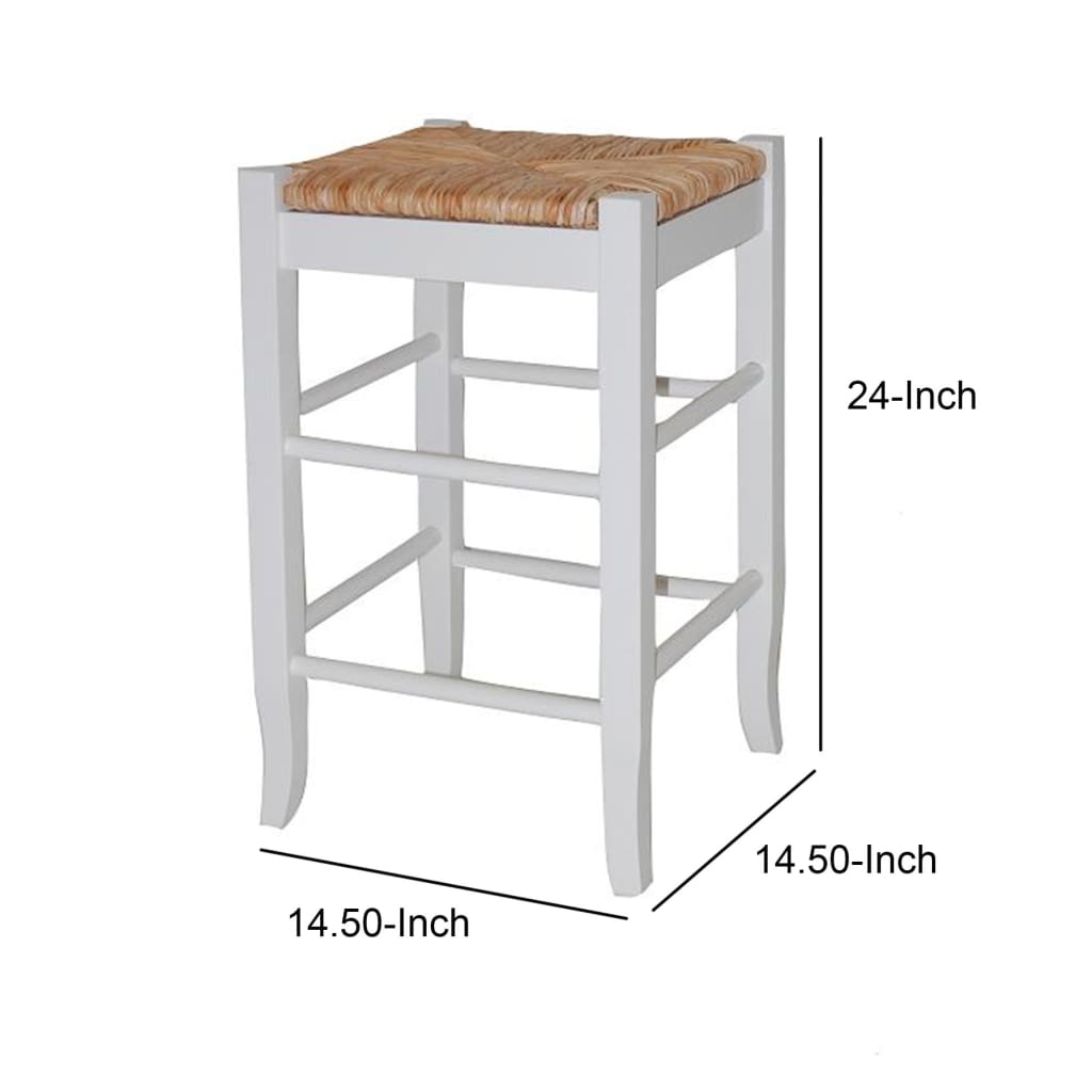 Square Wooden Frame Counter Stool with Hand Woven Rush White and Brown By Casagear Home BM61433