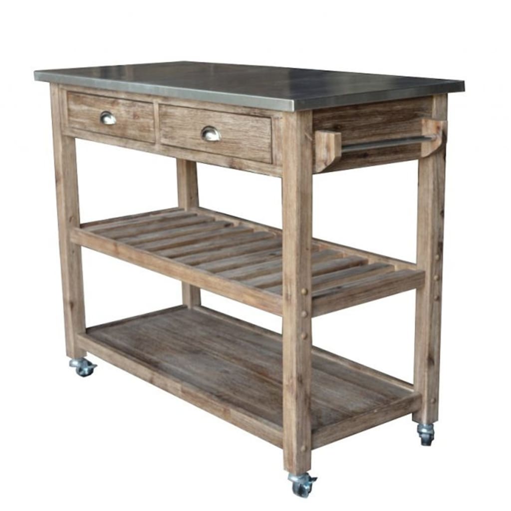 2 Drawers Wooden Frame Kitchen Cart with Metal Top and Casters Brown and Gray By The Urban Port BM61463