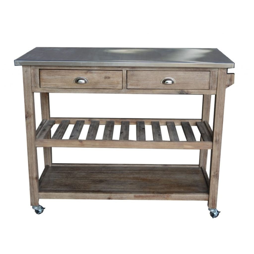 2 Drawers Wooden Frame Kitchen Cart with Metal Top and Casters Brown and Gray By The Urban Port BM61463