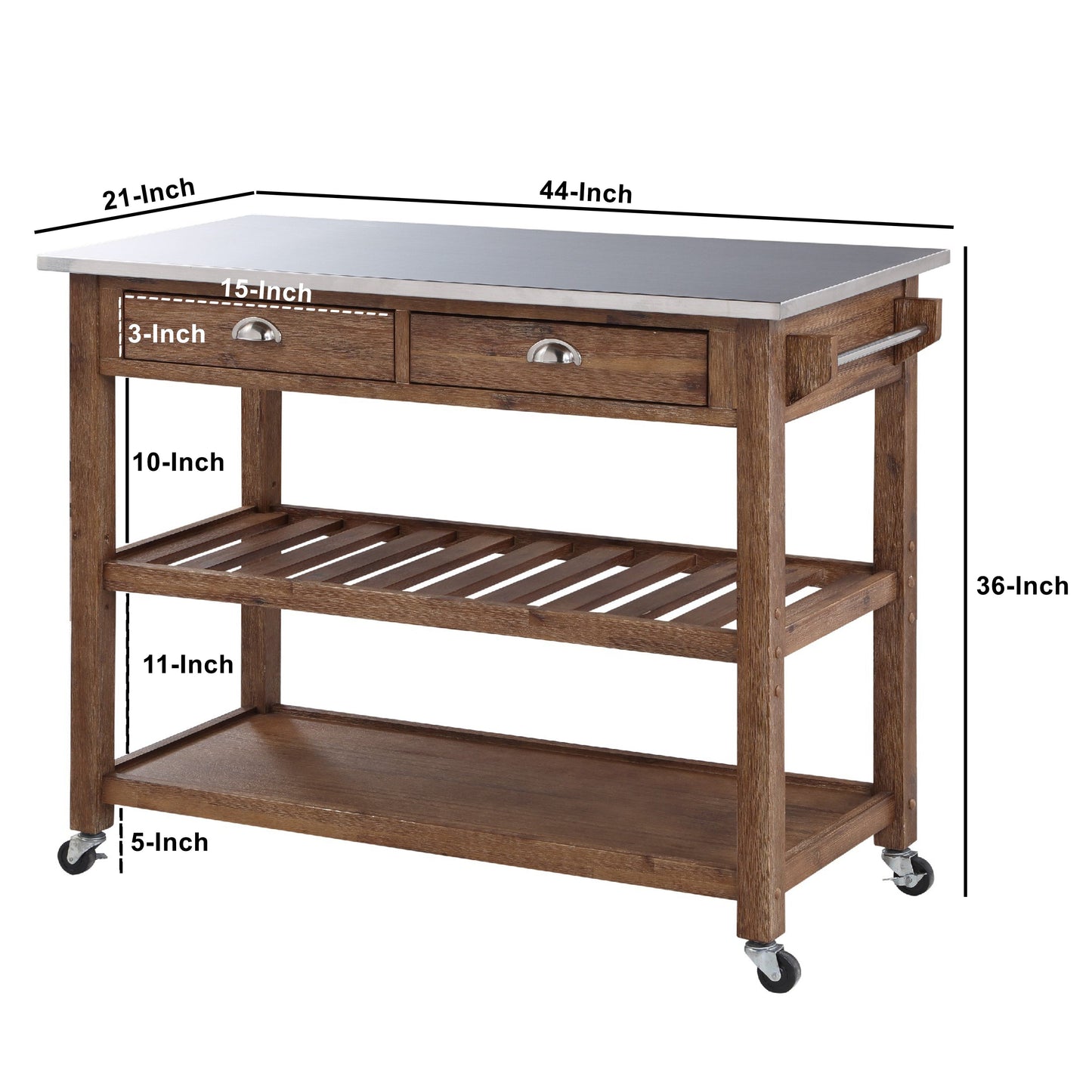 2 Drawers Wooden Frame Kitchen Cart with Metal Top and Casters Brown and Gray By The Urban Port BM61463