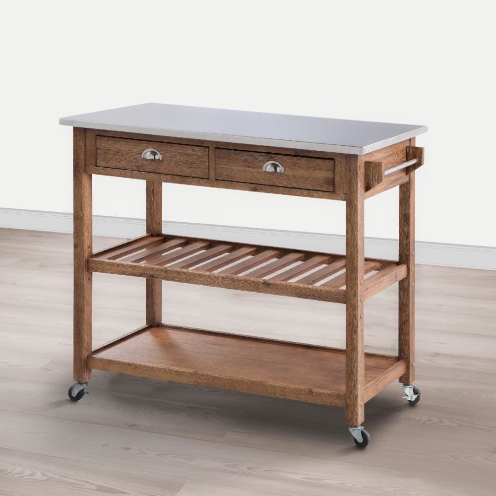 2 Drawers Wooden Frame Kitchen Cart with Metal Top and Casters Brown and Gray By The Urban Port BM61463