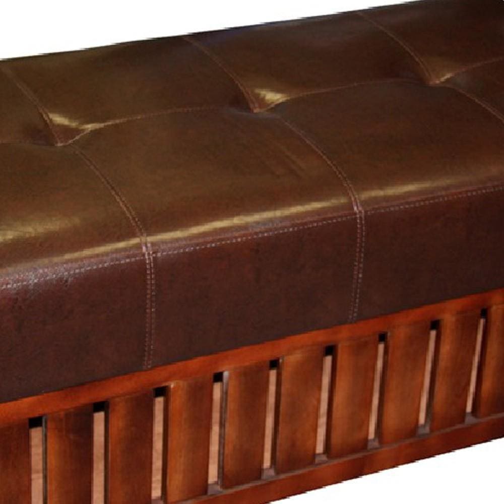 Leatherette Padded Storage Bench with Slatted Design on Frame Brown By Casagear Home BM94728