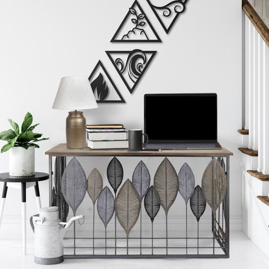 Wooden Top Console Table with Metal Leaf Embellishment, Brown and Gray