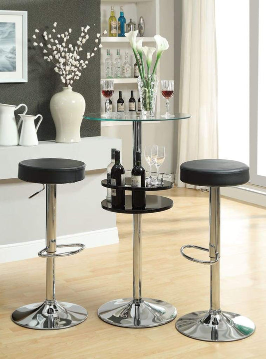 Round Bar Table with Tempered Glass Top and Storage, Black and Chrome