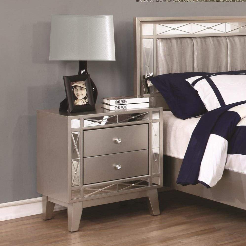 Wooden Nightstand with 2 Drawers, Mercury Silver