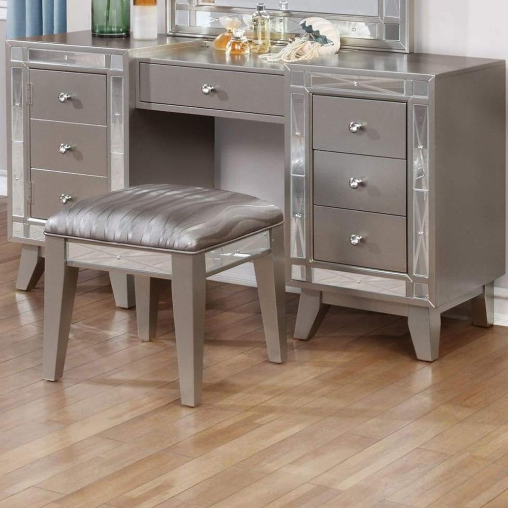 Wooden Set of Vanity and Stool with Mirrored Accents, Mercury Silver