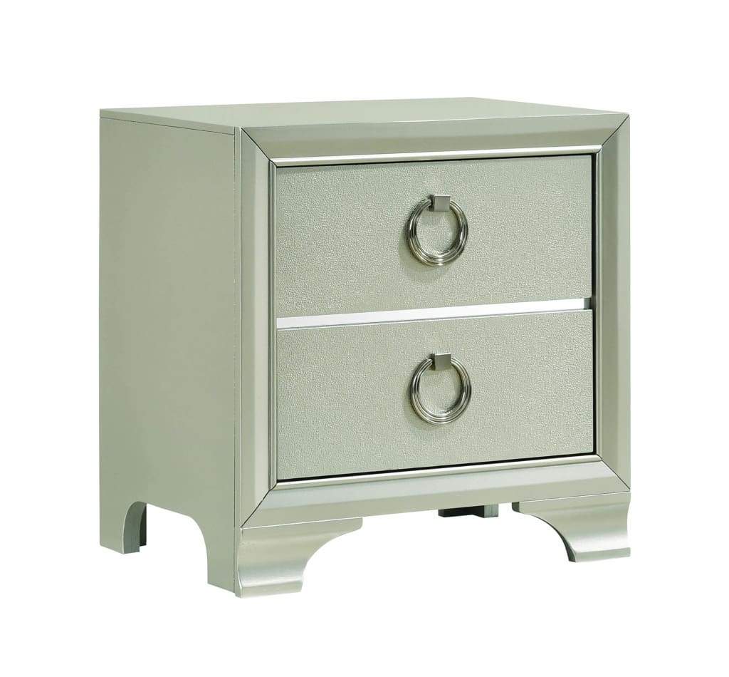 Two Drawers Wooden Nightstand with Oversized Ring Handles, Silver - 222722