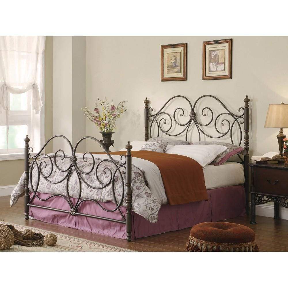 Queen Size Metal Headboard and Footboard with Scroll Work Details, Dark Bronze