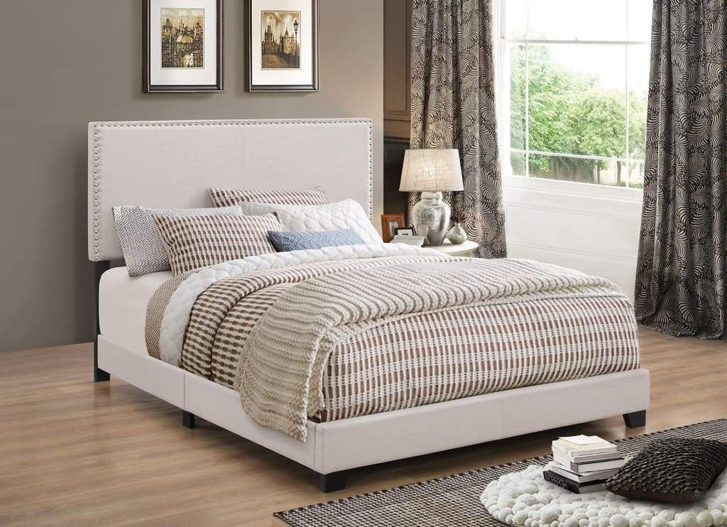 Fabric Upholstered Queen Size Platform Bed with Nail Head Trim, Ivory