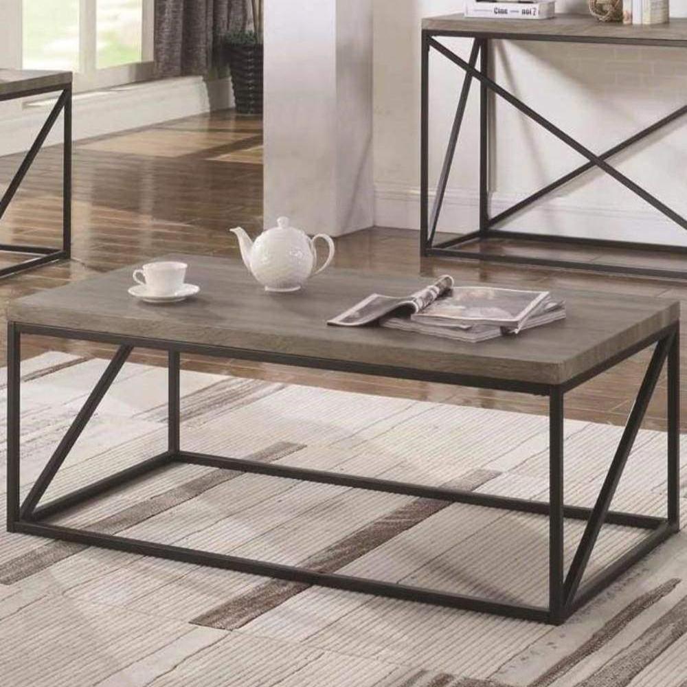 Industrial Style Minimal Coffee Table With Wooden Top And Metallic Base, Gray - 705618