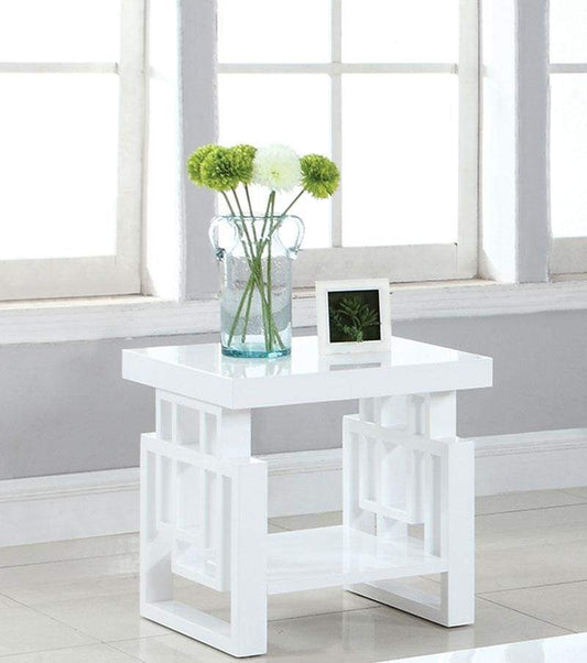 22 Inch Wood End Table, Geometric Frame, 1 Shelf, Glossy White