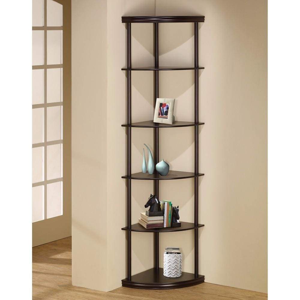 Illuminating corner bookcase with five pie-shaped shelves, Brown