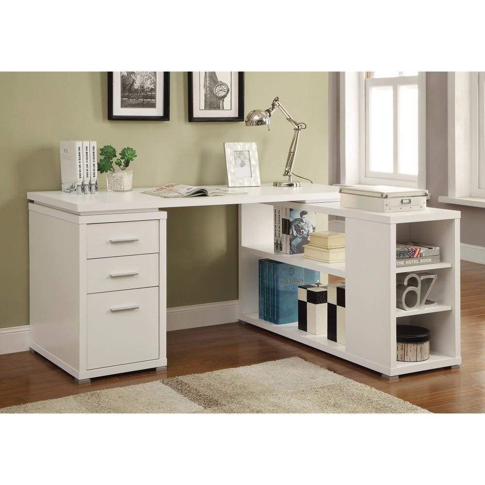 Contemporary L Shaped Office Desk with 3 Drawers and Shelves, White