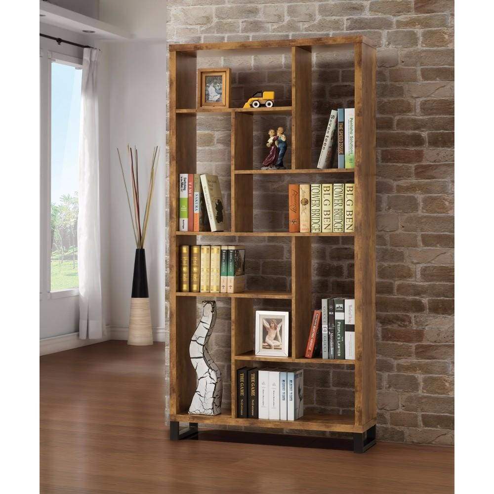 Metal and Wood Modern Style Bookcase with Multiple Shelves, Brown