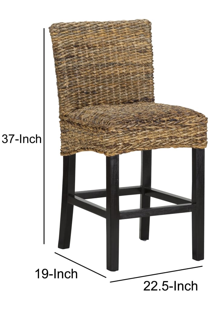 Woven Rattan Counter Height Stool with Wooden Legs and Low Profile Backrest Brown and Black By Casagear Home CLH-PL11853