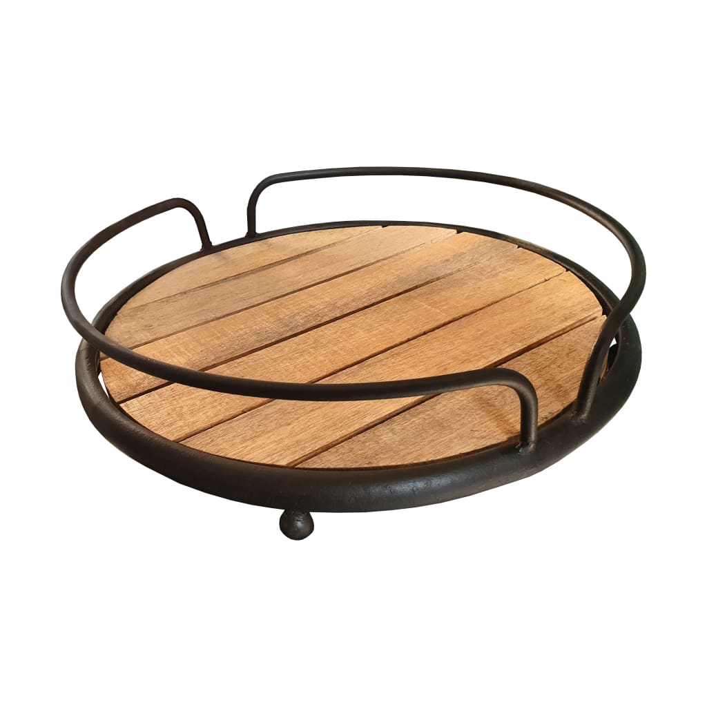 Round Tubular Metal Frame Tray with Plank Style Wooden Base Brown and Black By Casagear Home CTW-530050