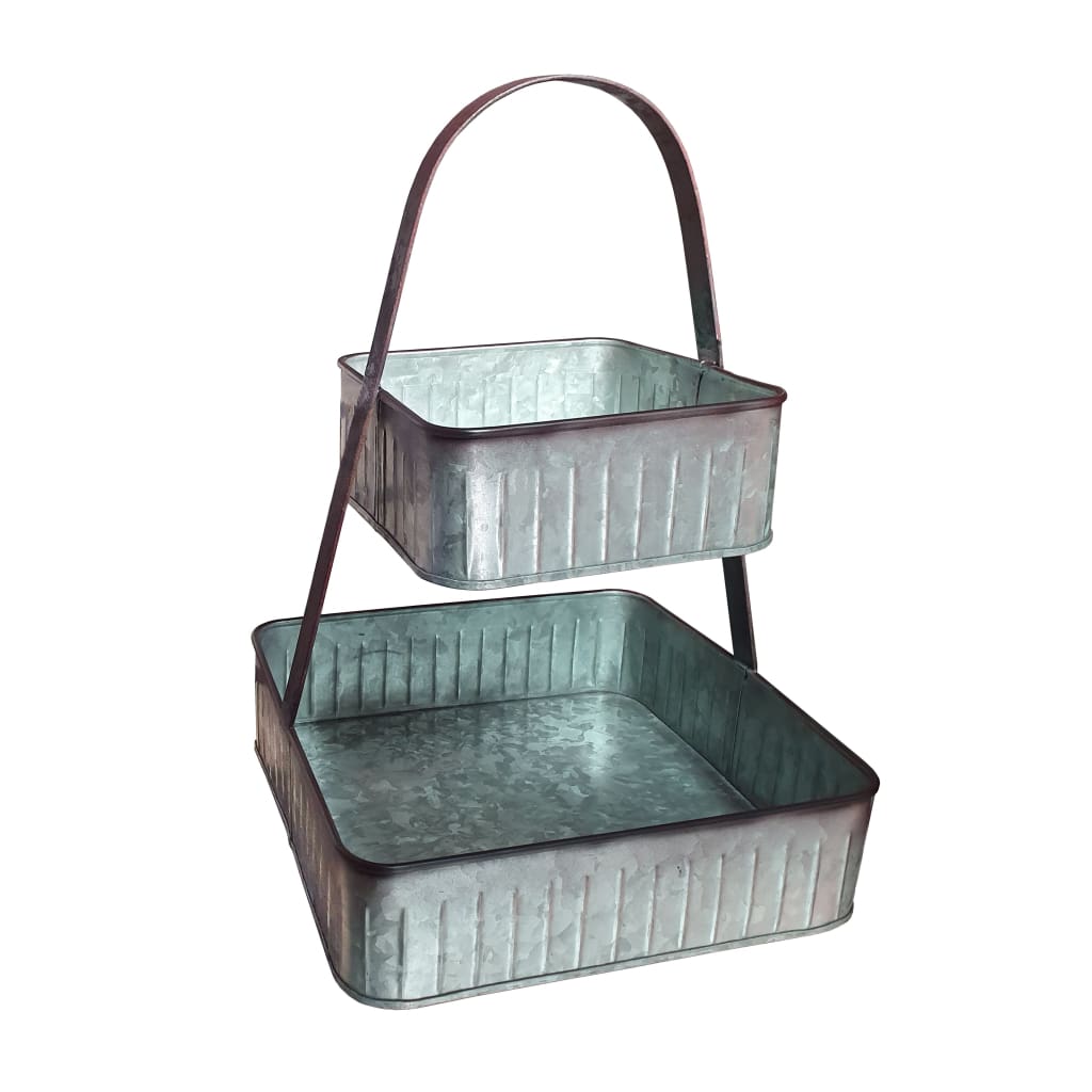 2 Tier Square Galvanized Metal Corrugated Tray with Arched Handle Gray By Casagear Home CTW-770066