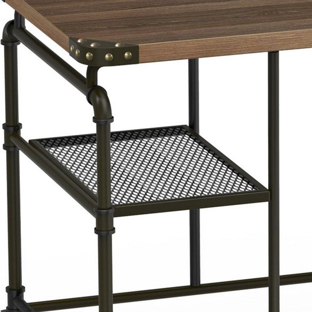 Industrial Metal Writing Desk With Wooden Top Brown and Black By Casagear Home FOA-CM-DK6913