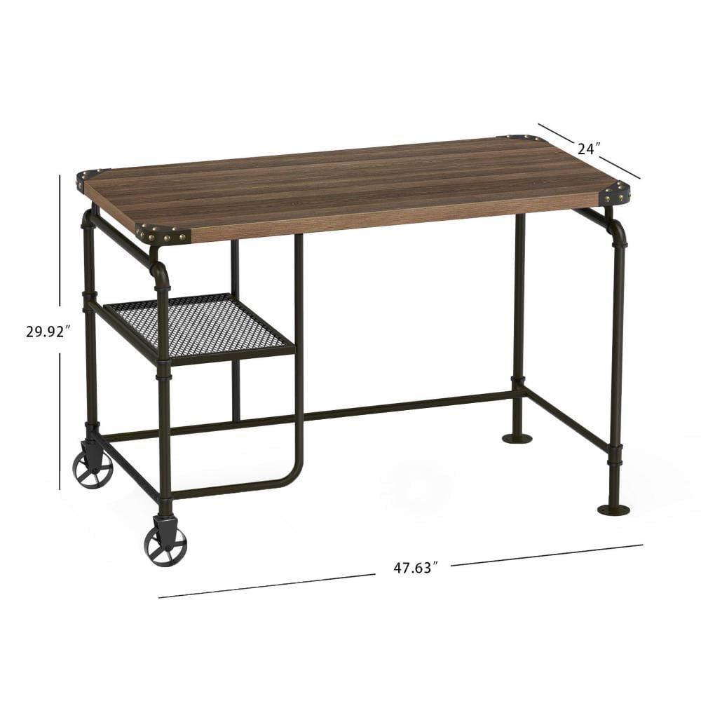 Industrial Metal Writing Desk With Wooden Top Brown and Black By Casagear Home FOA-CM-DK6913