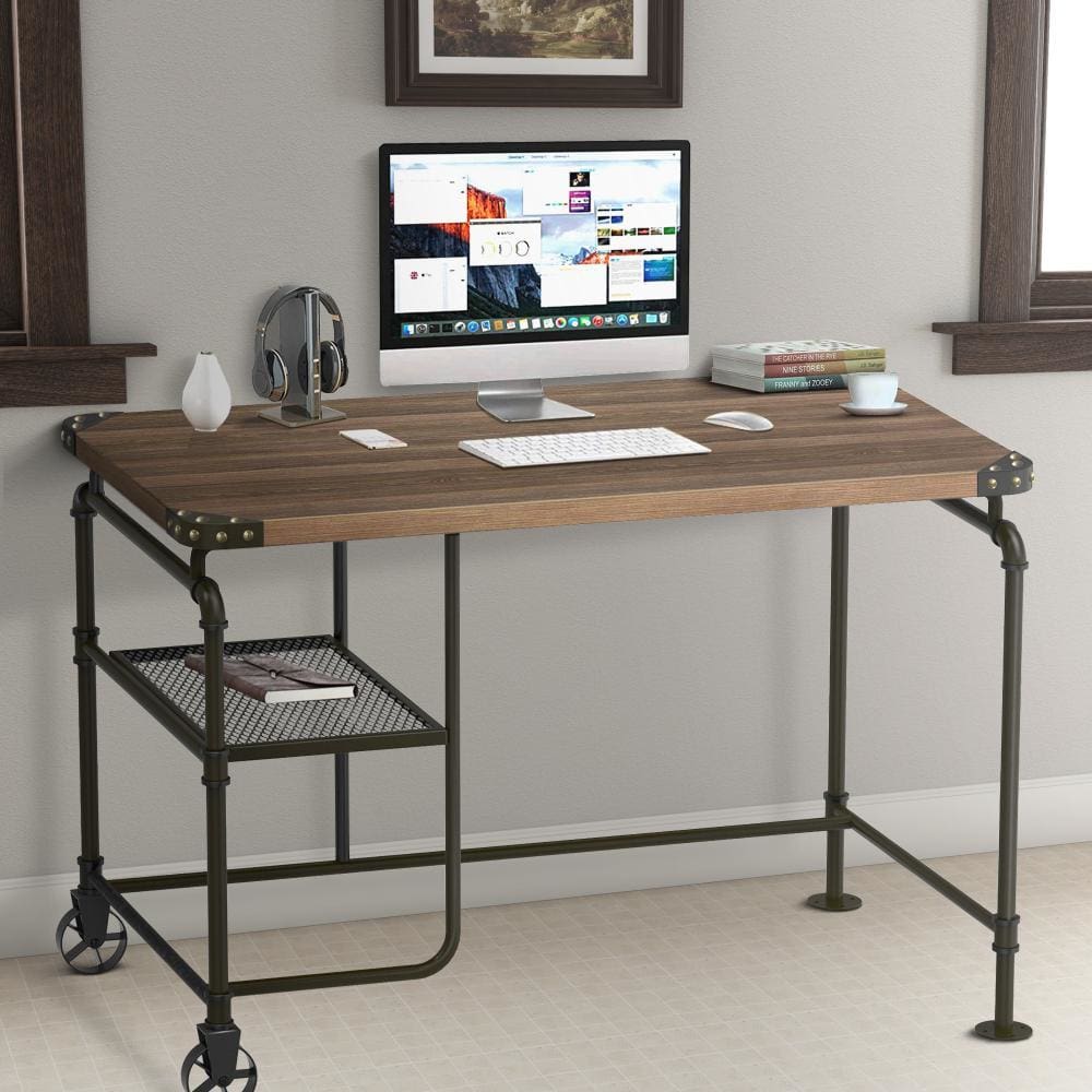 Industrial Metal Writing Desk With Wooden Top, Brown and Black By Casagear Home