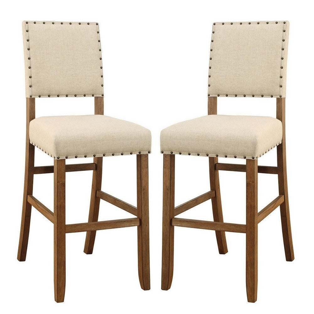 Counter Height Chair, Beige Fabric, Nailhead Trim, Set of 2, Brown Wood Legs By Casagear Home