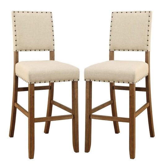 Counter Height Chair, Beige Fabric, Nailhead Trim, Set of 2, Brown Wood Legs By Casagear Home