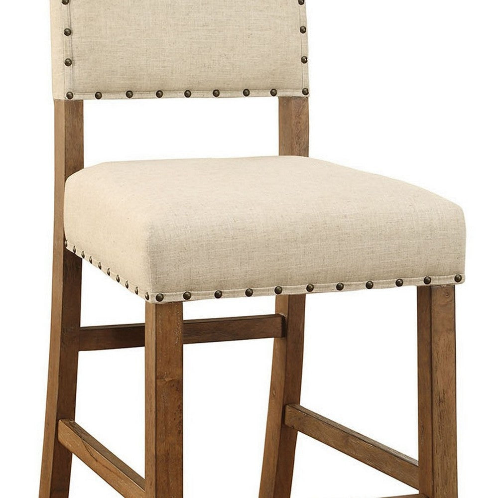 Counter Height Chair Beige Fabric Nailhead Trim Set of 2 Brown Wood Legs By Casagear Home FOA-CM3324BC-2PK