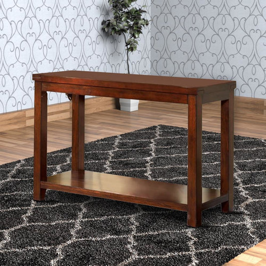 Transitional Rectangular Wooden Sofa Table with Bottom Shelf, Cherry Brown