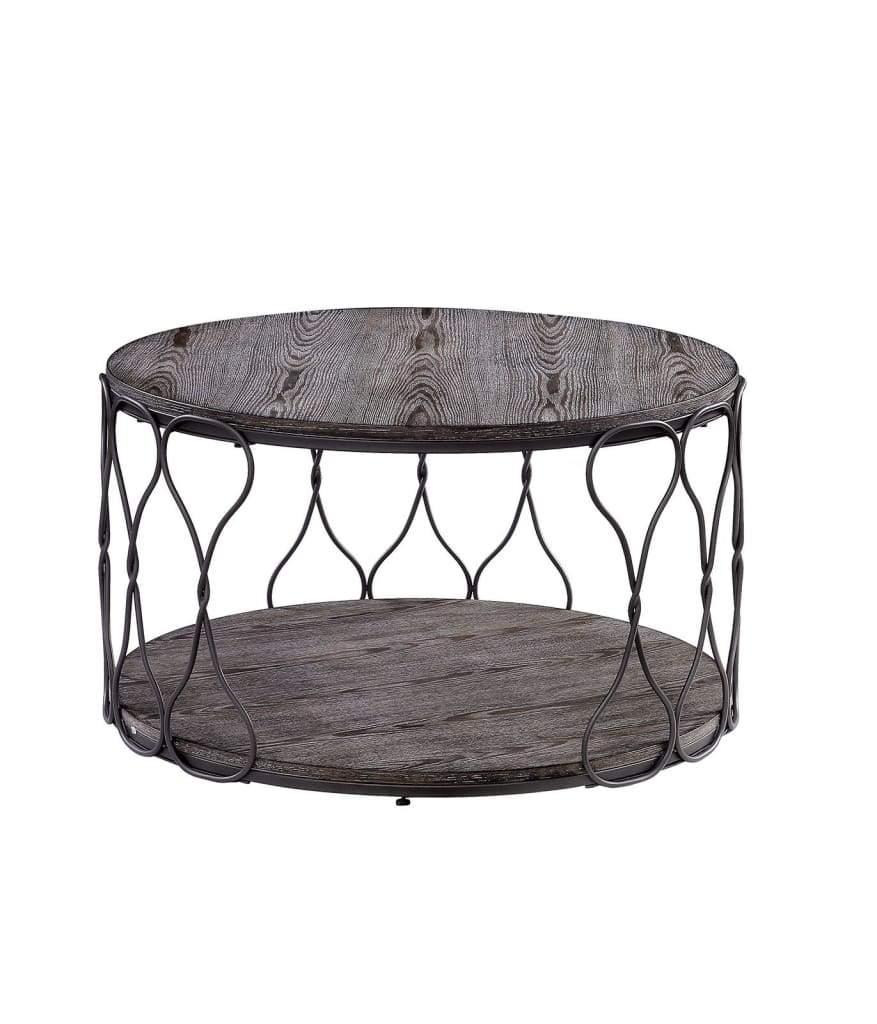 Industrial Style Round Metal and Solid Wood Coffee Table with Open Bottom Shelf, Gray and Brown - CM4171C