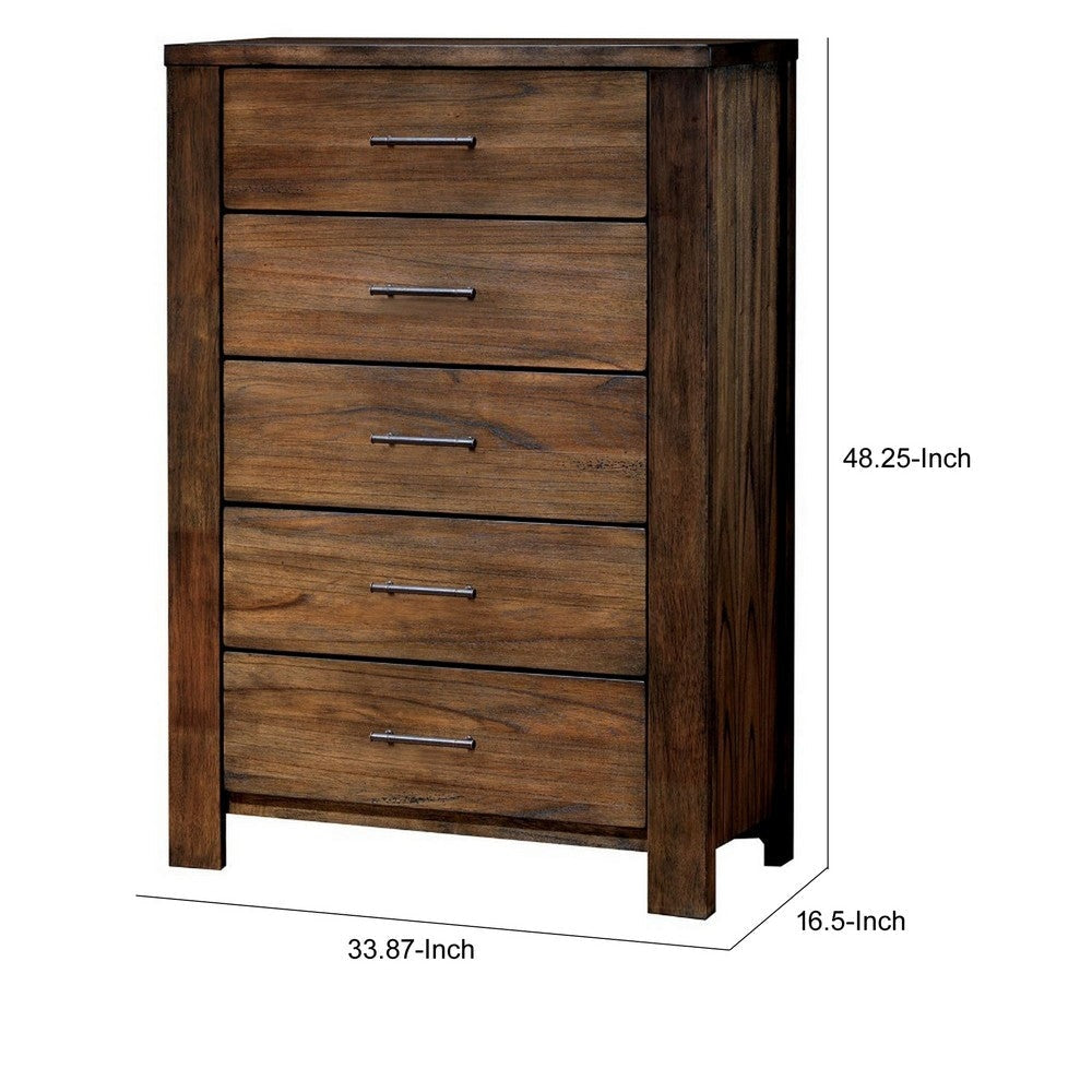 5 Drawers Transitional Wooden Chest with Antique Bar Pulls Rustic Brown By Casagear Home FOA-CM7072C