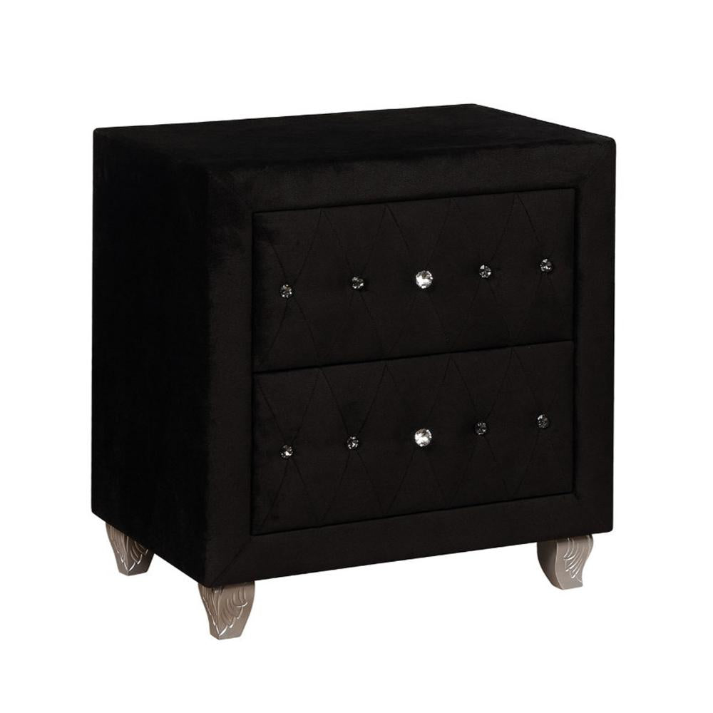 Fabric Upholstered Solid Wood Nightstand with Two Drawers and Crystal Accents Black - CM7150BK-N FOA-CM7150BK-N