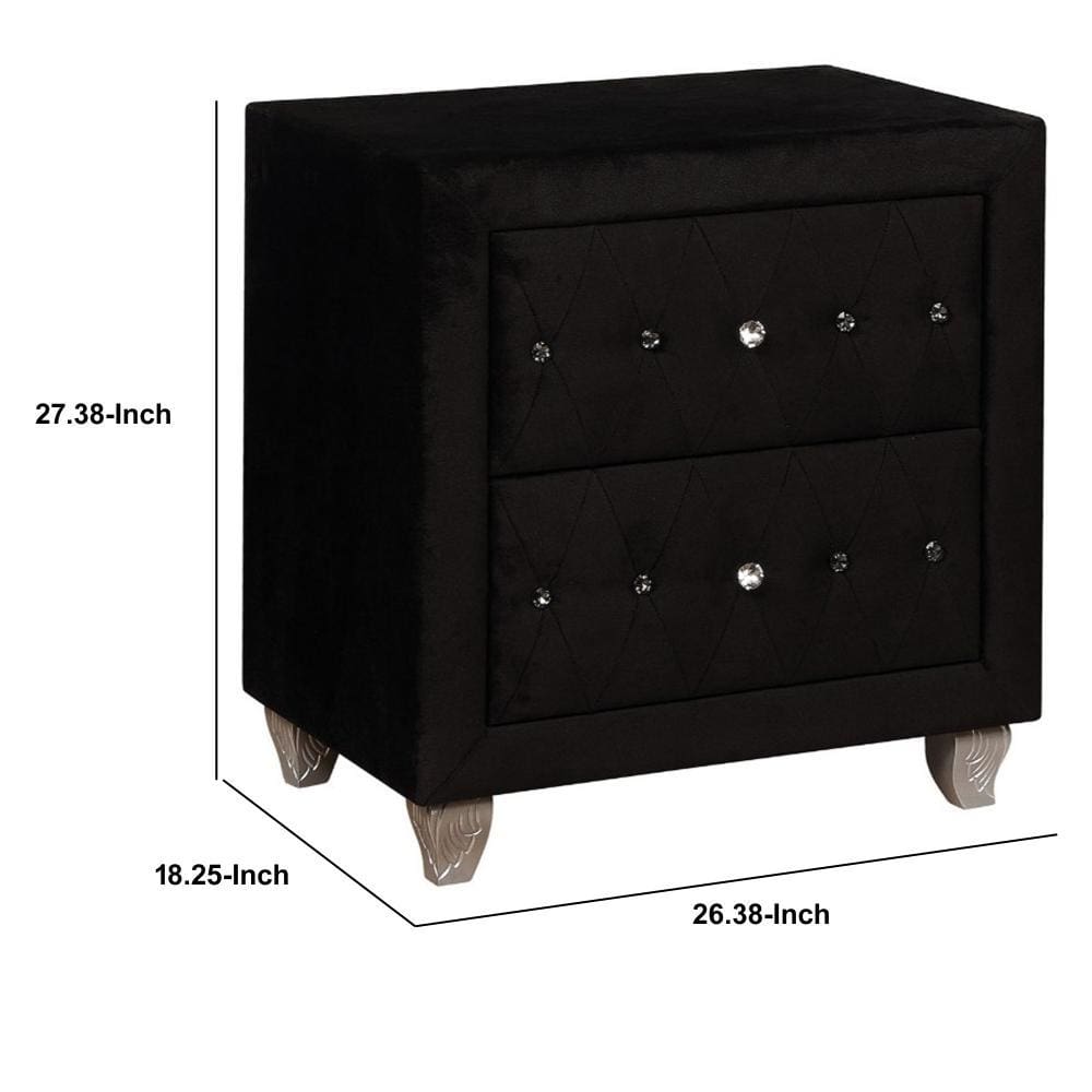 Fabric Upholstered Solid Wood Nightstand with Two Drawers and Crystal Accents Black - CM7150BK-N FOA-CM7150BK-N