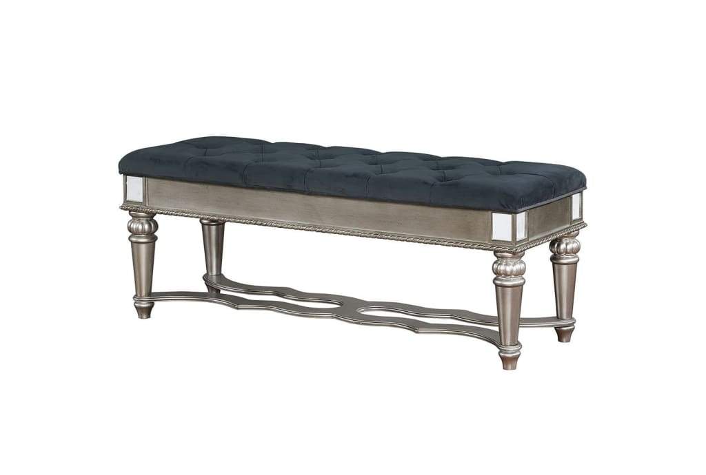 Traditional Solid Wood Bench With Tufted Seat, Silver and Blue By Casagear Home